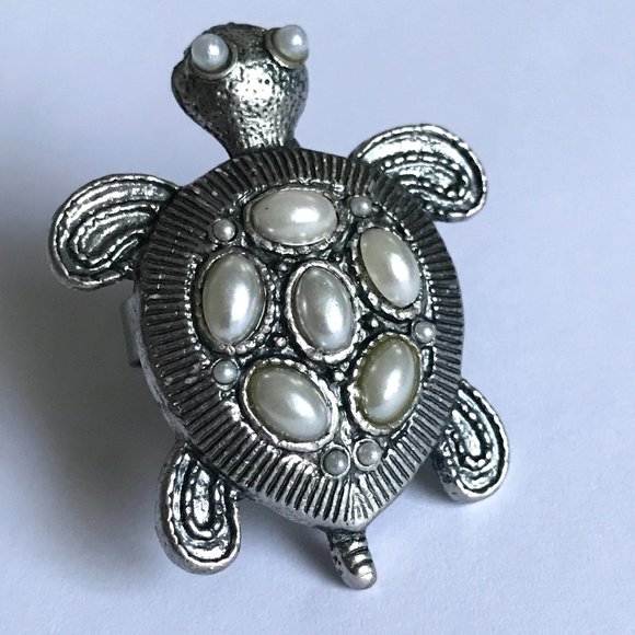 Vintage Turtle Cocktail Ring Silver Tone Adjustable Size 7 8 9 Sea Life Pearl - Picture 4 of 11